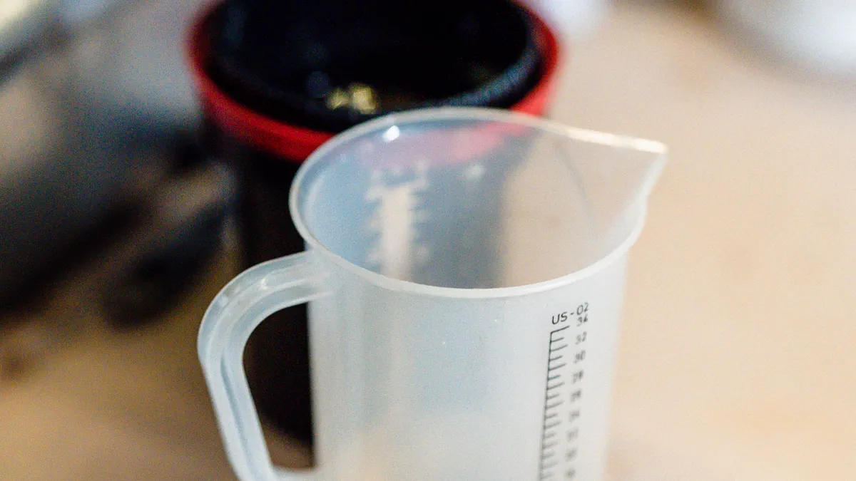 A translucent measuring pitcher with volume markings