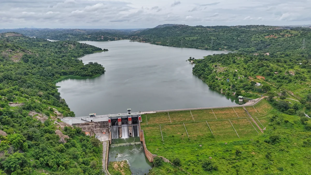 Aerial view of a reservoir and dam that supply water to a region